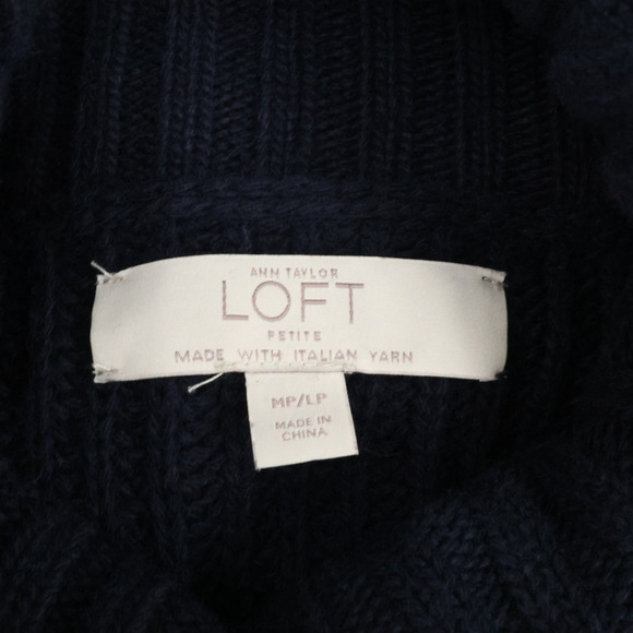 Loft Poncho Sweater Petites MP PM Navy Blue Ribbed Knit Turtleneck Open Sides - Picture 3 of 13